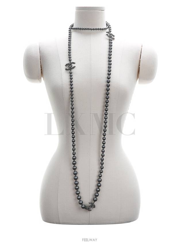 100th Anniversary Ruthenium Long Necklace CC Logo Chain Pearl Gray - CHANEL - BALAAN 5