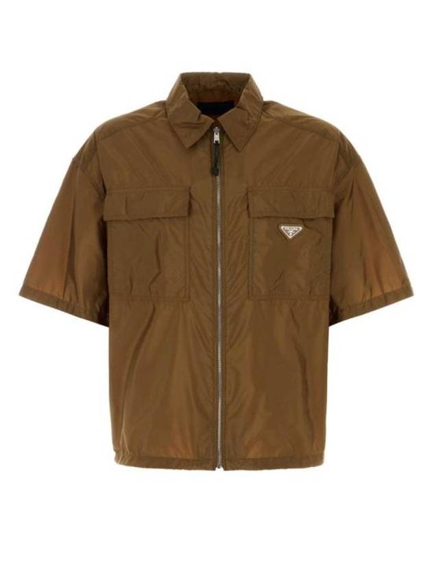 Triangle Logo Zipper Short Sleeve Shirt Camel - PRADA - BALAAN 2