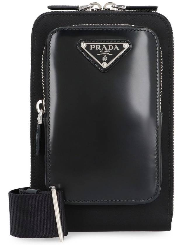 Triangle Logo Brushed Leather Phone Case Cross Bag Black - PRADA - BALAAN 2