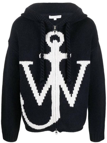 Initial Anchor Logo Intarsia Knit Zip Up Hoodie Navy - JW ANDERSON - BALAAN 1