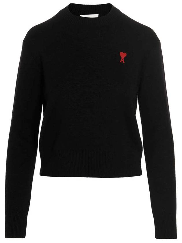 Embroidery Heart Logo Sweater Knit Top Black - AMI - BALAAN 1