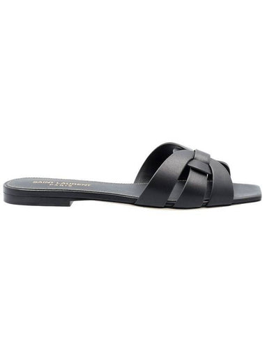 Tribute Smooth Leather Flat Mules Black - SAINT LAURENT - BALAAN 1