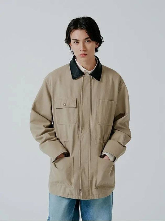 MEN leather collar hunting jacket beige - PINBLACK - BALAAN 1