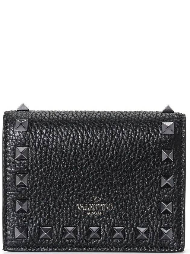 Rockstud Small Leather Half Wallet Black - VALENTINO - BALAAN 4