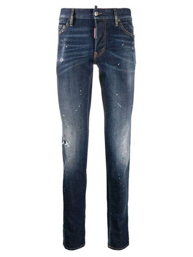 Men's Painted Maple Patch Washed Skinny Jeans Blue - DSQUARED2 - BALAAN.