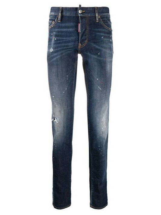 Men's Painted Maple Patch Washed Skinny Jeans Blue - DSQUARED2 - BALAAN.