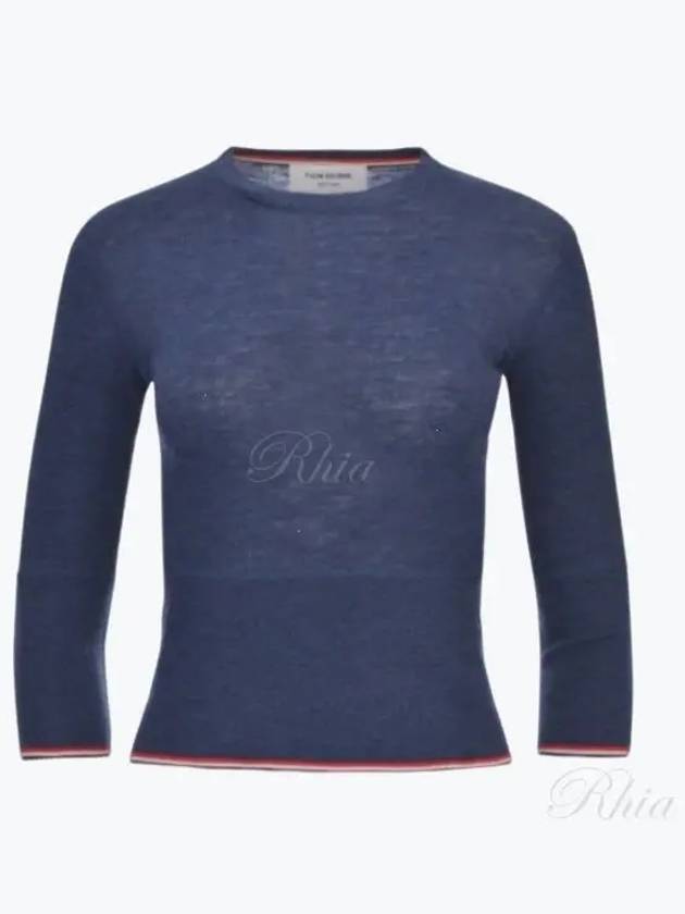 Women's Wool Rib 3/4 Sleeve Crew Neck Pullover Knit Top Navy - THOM BROWNE - BALAAN 2