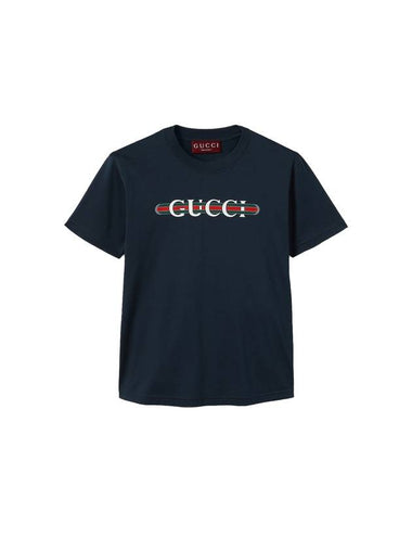 Cotton Web Print Short Sleeve T-Shirt Navy - GUCCI - BALAAN 1