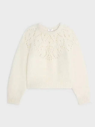 Triomphe Fair Isle Crew Neck Pointelle Alpaca Wool Knit Top Off White - CELINE - BALAAN 2