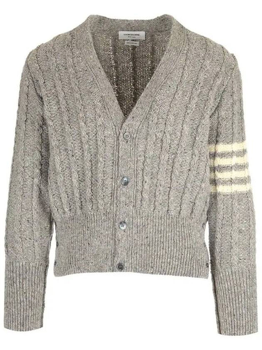 Donegal Twist Cable 4 Bar Classic V Neck Cardigan Light Grey - THOM BROWNE - BALAAN 2