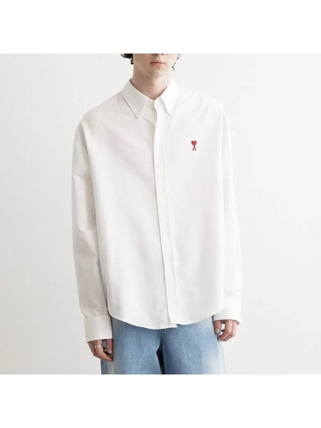 Button Down Boxy Fit Oxford Long Sleeve Shirt Natural White - AMI - BALAAN 3