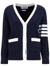 Cotton Hector Pointelle 4 Bar V Neck Cardigan Navy - THOM BROWNE - BALAAN 9