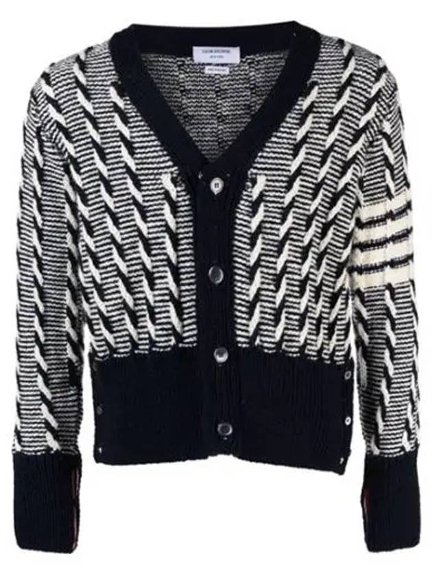 4-bar V-neck Twist Cable Knit Cardigan Navy - THOM BROWNE - BALAAN 2