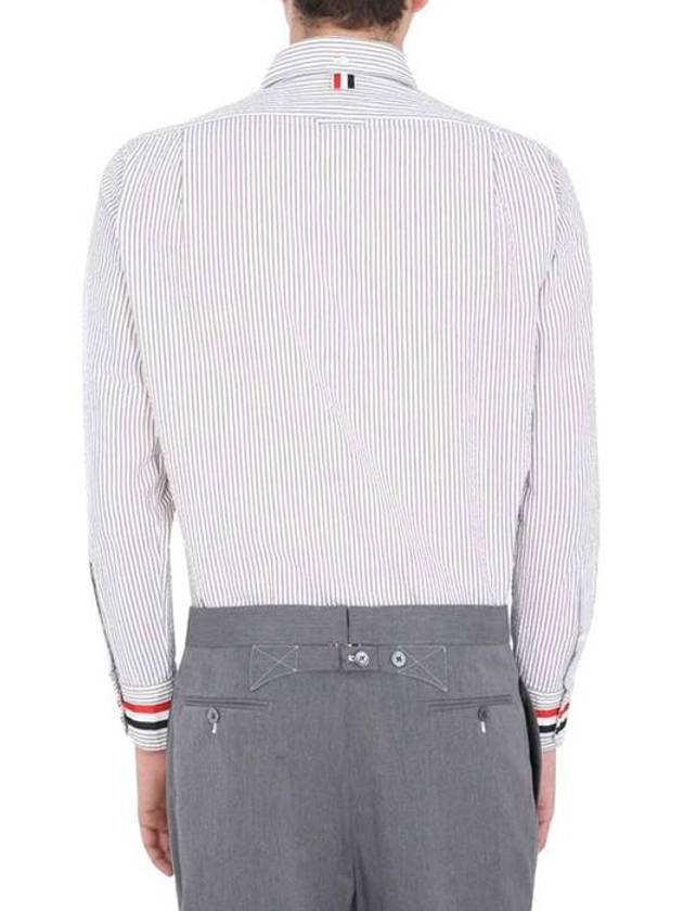 Three Stripes Grosgrain Cuff Striped Seersucker Long Sleeve Shirt Medium Gray - THOM BROWNE - BALAAN 4