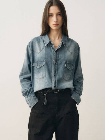 Classic Western Denim Shirt Blue - NOIRER FOR WOMEN - BALAAN 1