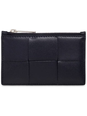 Intrecciato Leather Silver Zipper Card Wallet Navy - BOTTEGA VENETA - BALAAN 1