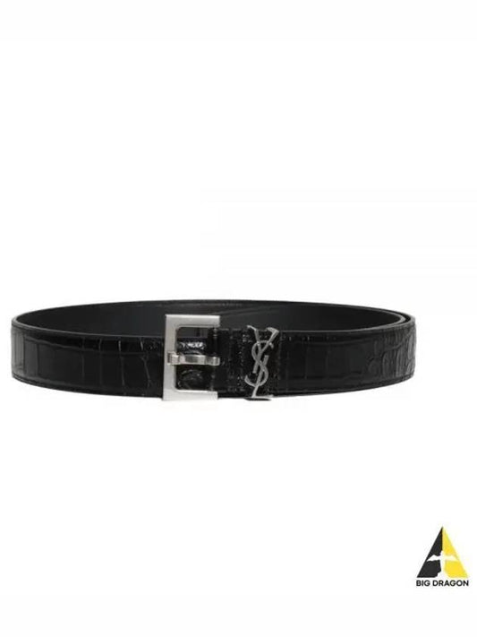 Men's Monogram Matte Crocodile Leather Belt Black - SAINT LAURENT - BALAAN 2
