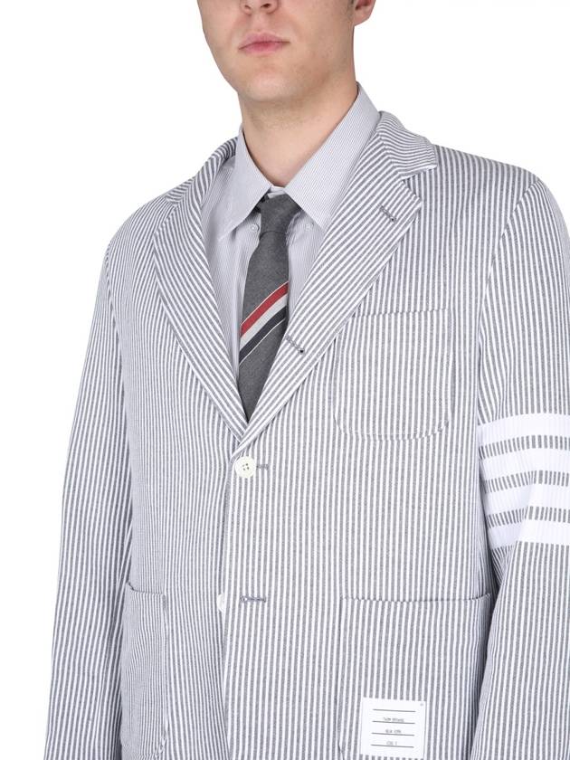 Men's 4 Bar Seesucker Loopback 4 Bar Sack Cardigan Grey - THOM BROWNE - BALAAN 5