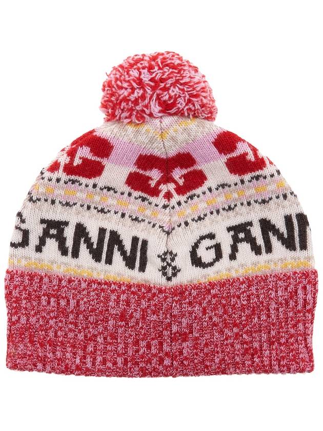 Logo Graphic Intarsia Knit Beanie Red - GANNI - BALAAN 3