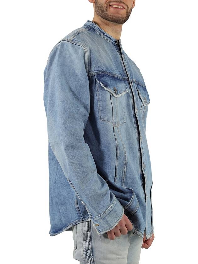 Men's Washed Band Collar Denim Long Sleeve Shirt Blue - BALMAIN - BALAAN 3