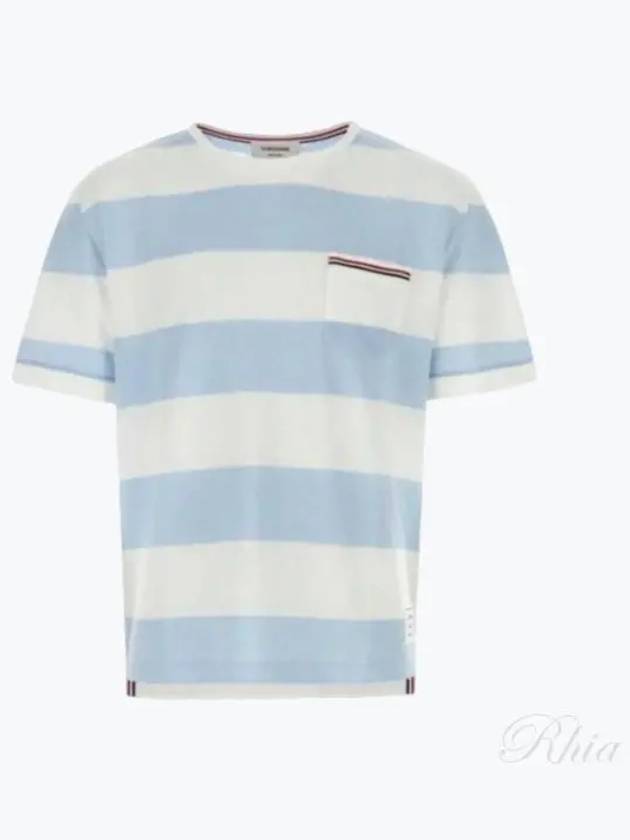 Men's Rugby Striped Pick Pocket Short Sleeve T-Shirt Light Blue White - THOM BROWNE - BALAAN 2