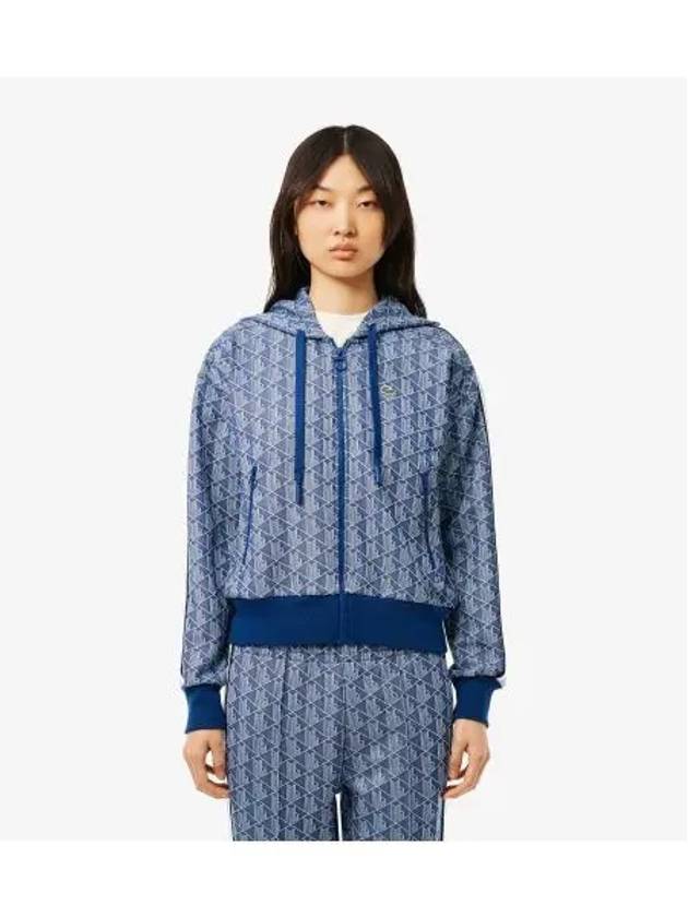 Women s Monogram Hooded Zip Up Sweatshirt Blue - LACOSTE - BALAAN 1