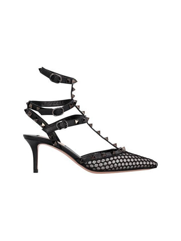 Mesh Rock Stud Leather Sandal Heels Black - VALENTINO - BALAAN 1