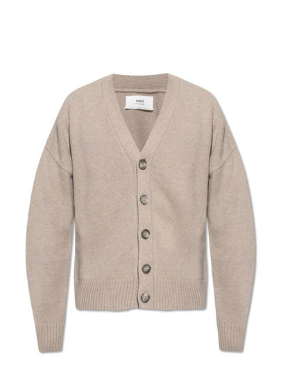 V-Neck Knit Wool Cashmere Cardigan Beige - AMI - BALAAN 2