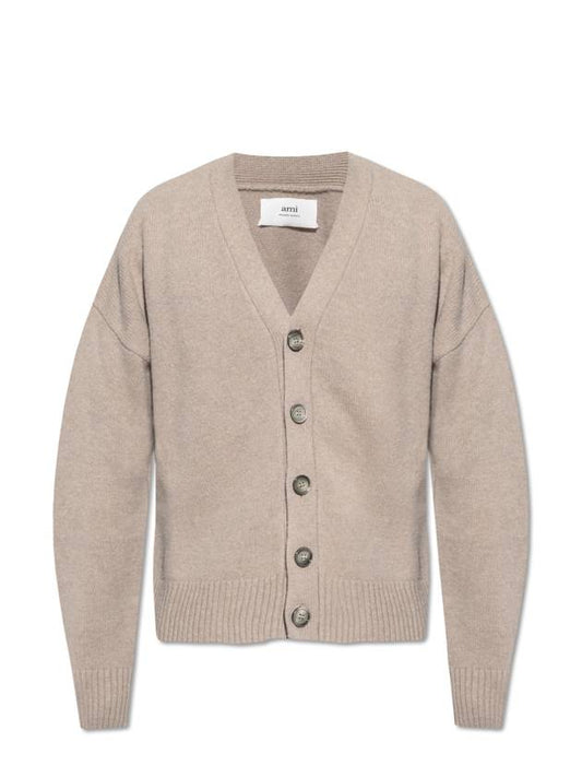 Wool Cashmere Cardigan Beige - AMI - BALAAN 1