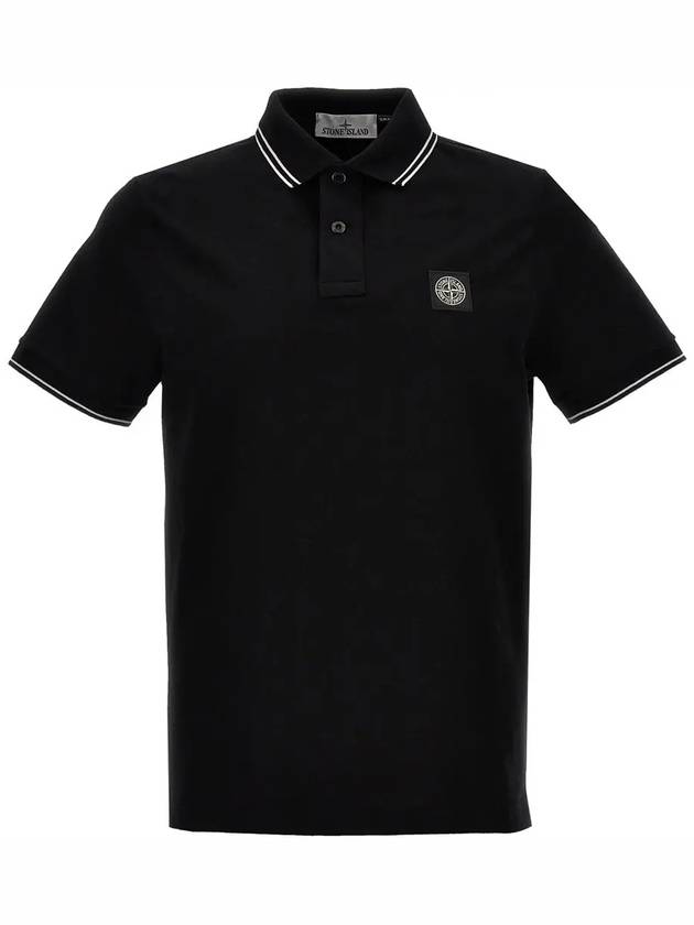 Stretch Cotton Pique Short Sleeve Polo Shirt Black - STONE ISLAND - BALAAN 3