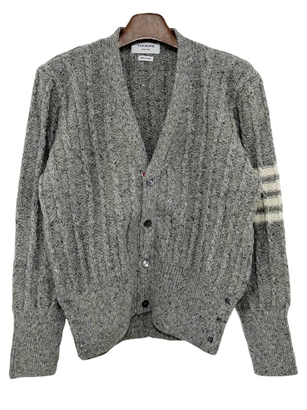 Donegal Twist Cable 4 Bar Classic V Neck Cardigan Light Grey - THOM BROWNE - BALAAN 3