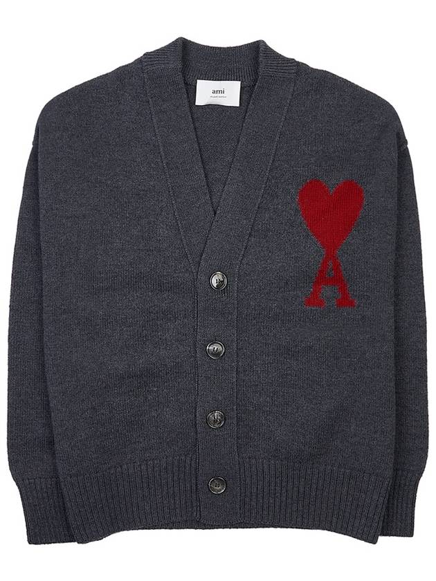 Heart Logo V Neck Wool Cardigan Heather Grey - AMI - BALAAN 2