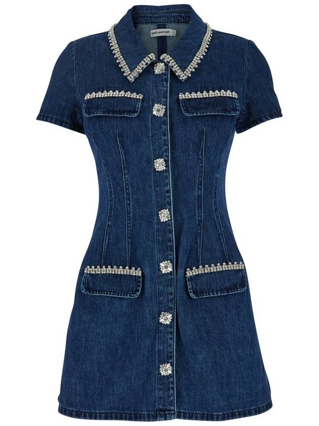 Blue Mini Dress With Rhinestoned Collar And Jewel Buttons With Crystals In Denim Woman - SELF PORTRAIT - BALAAN 1