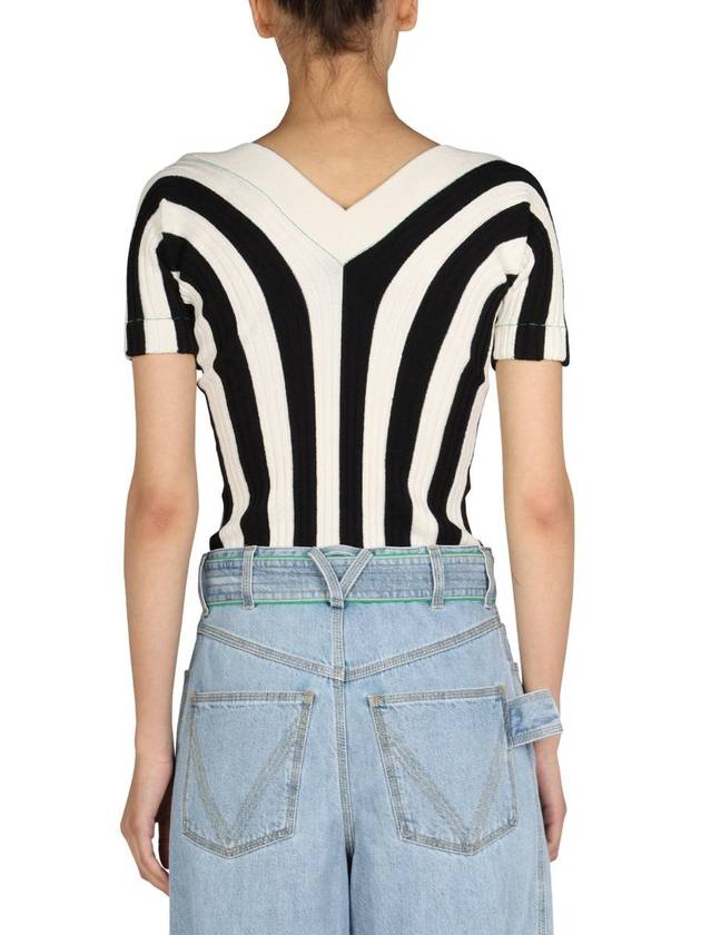 Striped V-neck Short Sleeve Knit Top - BOTTEGA VENETA - BALAAN 4