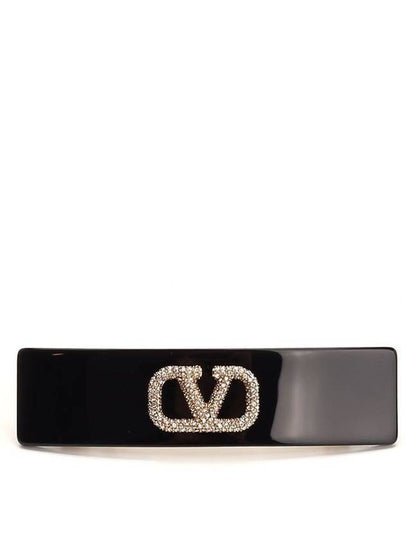 V Logo Signature Swarovski Crystal Resin Hair Clip Black - VALENTINO - BALAAN 2