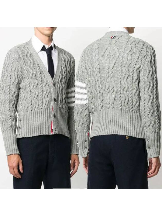 Classic Aran Cable V-neck Cardigan Light Gray - THOM BROWNE - BALAAN.