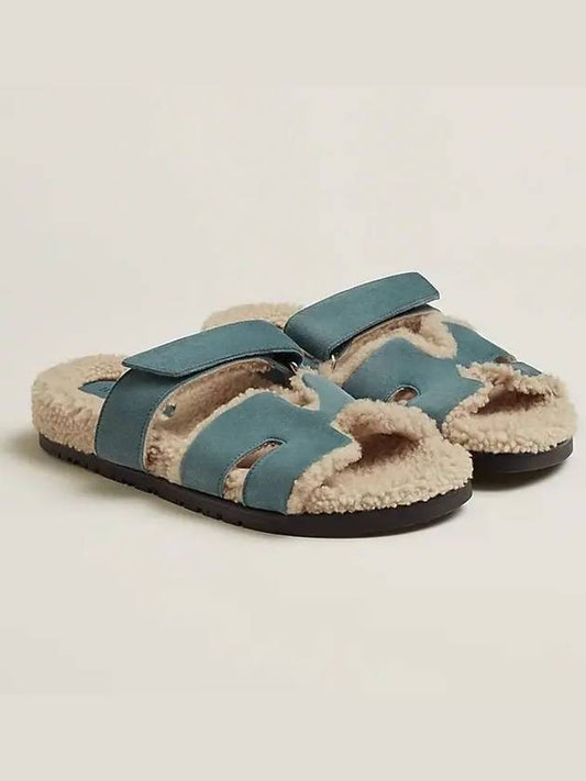 Chypre Suede Shearling Sandals Blue - HERMES - BALAAN.