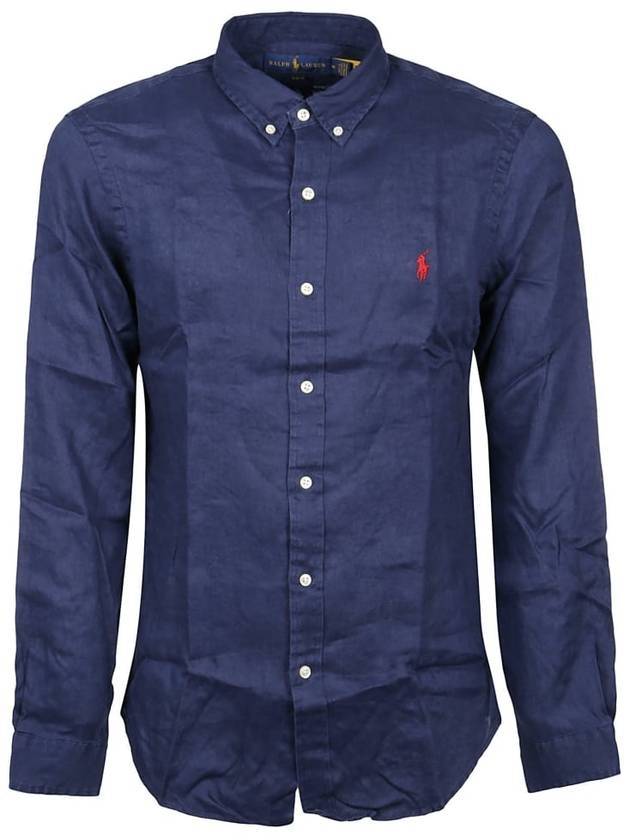 Embroidered Pony Linen Long Sleeve Shirt Navy - POLO RALPH LAUREN - BALAAN 1