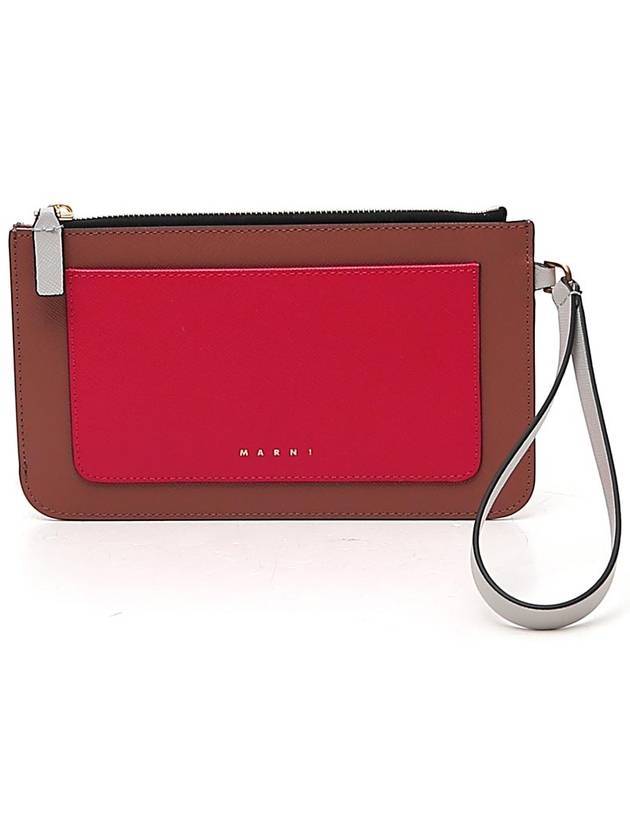 Color Block Saffiano Handle Pouch Bag Camel Red - MARNI - BALAAN 1