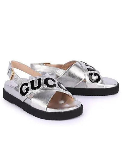 Women's Logo Leather Sandals Silver - GUCCI - BALAAN 2