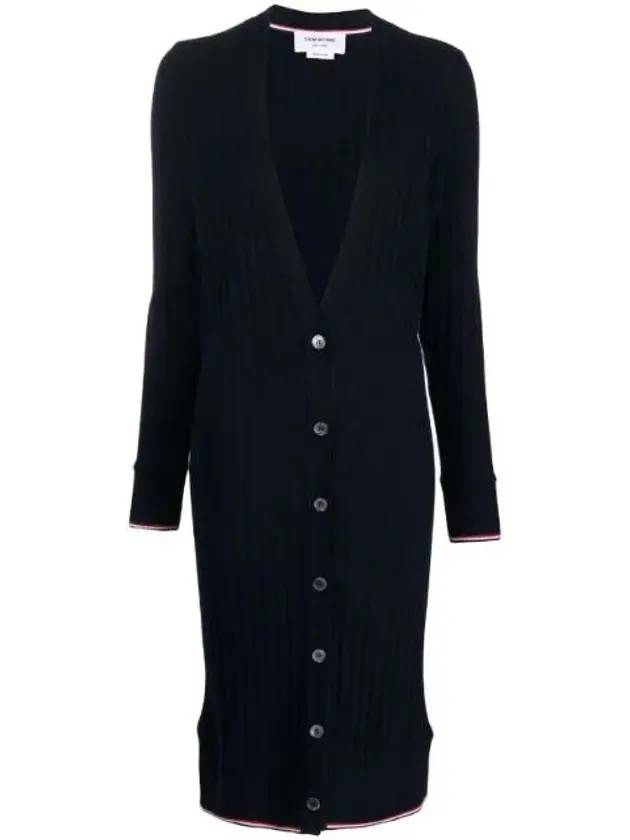 Wide Rib Cashmere Tip V-Neck Cardigan Dress Navy - THOM BROWNE - BALAAN 1