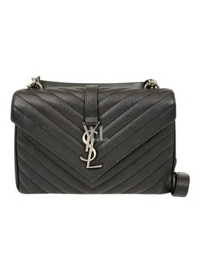 Silver Monogram College Medium Chain Crossbody Bag in Matelasse Leather Black - SAINT LAURENT - BALAAN 2