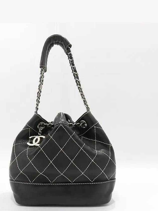 Black Lambskin Silver CC Logo Wild Stitch Quilted Drawstring Small Bucket Shoulder Bag - CHANEL - BALAAN 2