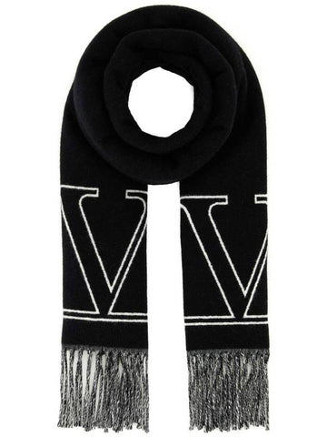 V Logo Wool Cashmere Muffler Black - VALENTINO - BALAAN 1