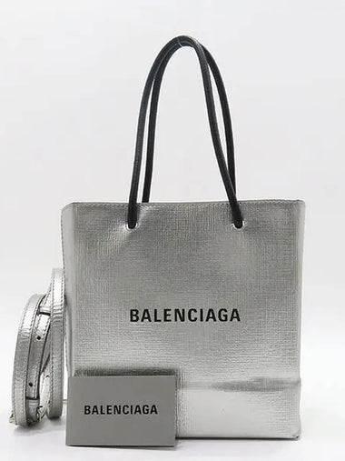 597858 Silver Color Leather Square Everyday Shopping XXS North South Tote Bag Shoulder Strap 2WAY - BALENCIAGA - BALAAN 1