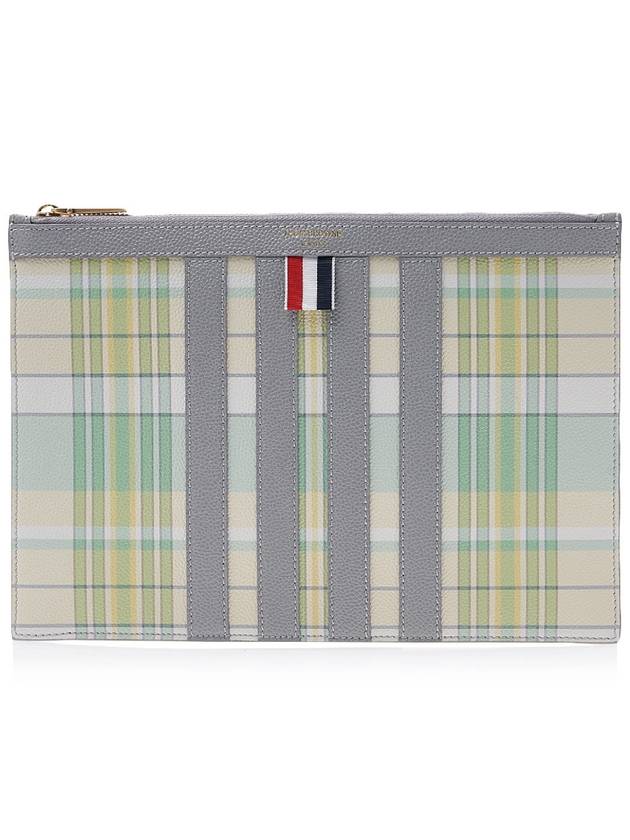 Madras Print Pebble Grain Leather Clutch Bag Pastel Green - THOM BROWNE - BALAAN 2