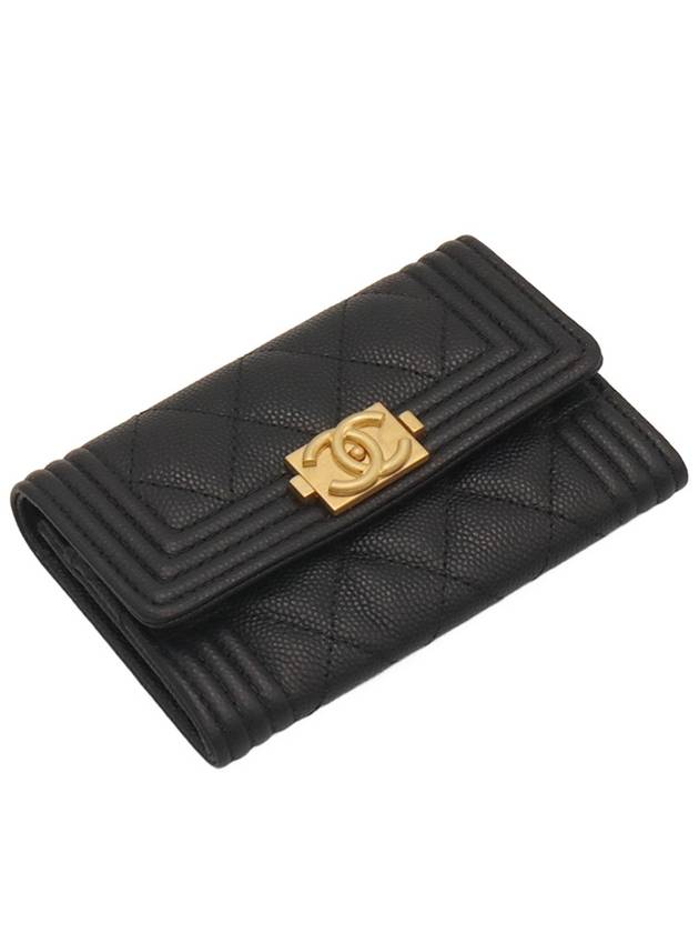 Black Caviar Champagne Gold Boy Flap Card Wallet - CHANEL - BALAAN 5