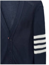 4 Bar Open Raschel Stitch V Neck Cardigan Navy - THOM BROWNE - BALAAN 4