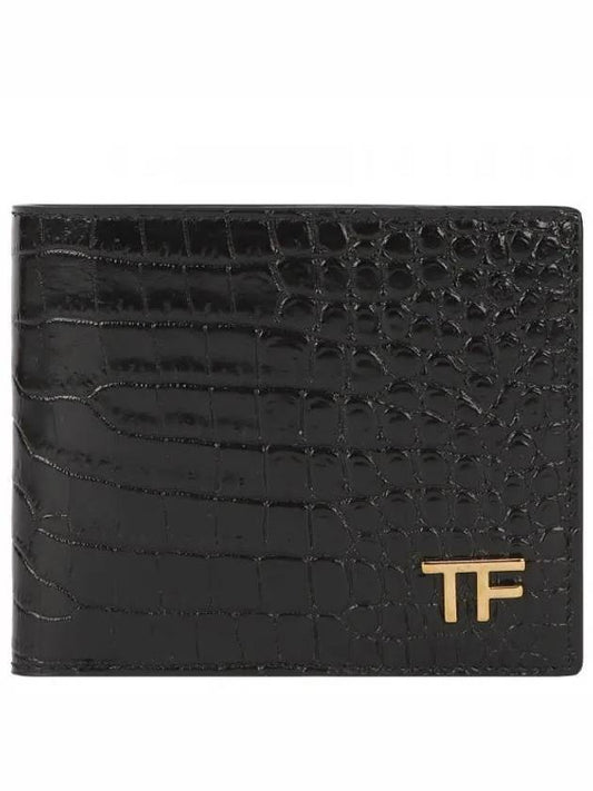 Men's TF Gold Logo Leather Half Wallet Black - TOM FORD - BALAAN 2