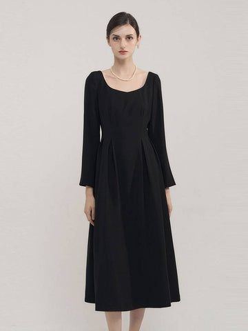 Women's Heart Neck Pleated Long Dress Black - FIVEAVENUE - BALAAN 1